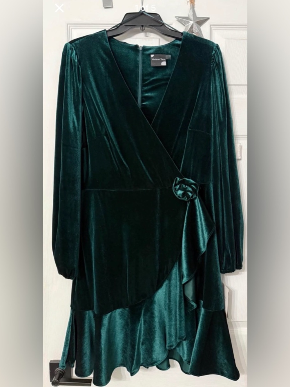 Maison Tara Deep Emerald Velvet Wrap Dress with Rosette